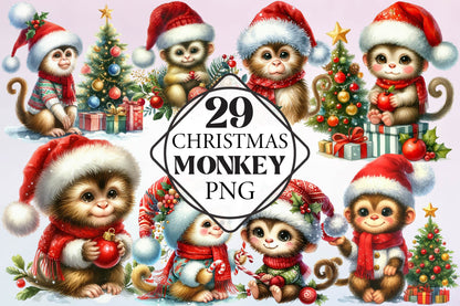 Christmas Monkey Watercolor Clipart PNG Bundle