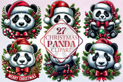 27 Christmas Panda Clipart Bundle PNG, Cute Panda Christmas Sublimation