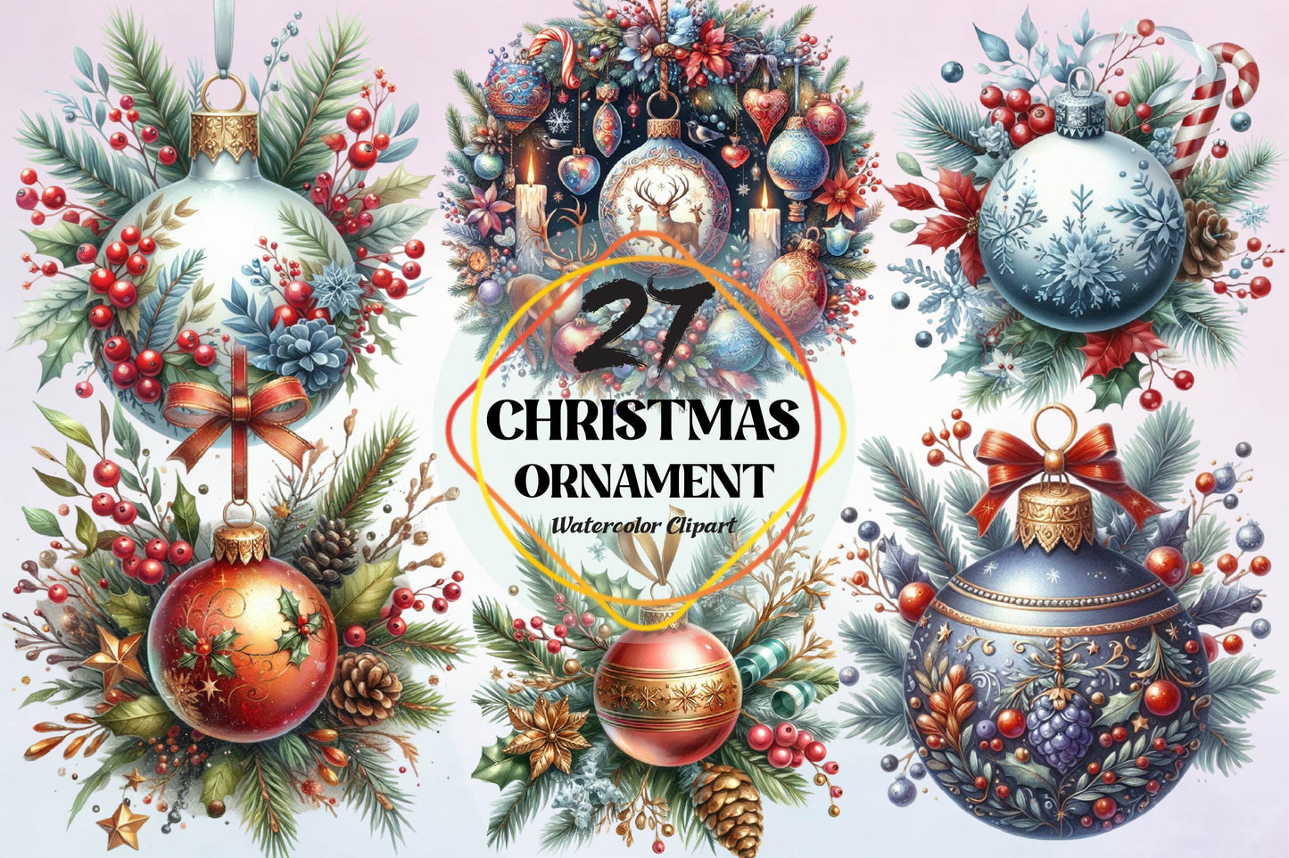 Christmas Ornament Watercolor Clipart PNG Bundle