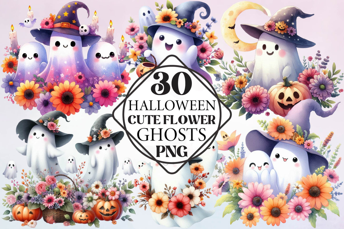 Halloween Cute Flower Ghosts Watercolor PNG Bundle