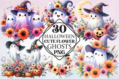 Halloween Cute Flower Ghosts Watercolor PNG Bundle