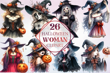 26 Halloween Witch Woman Clipart PNG Bundle