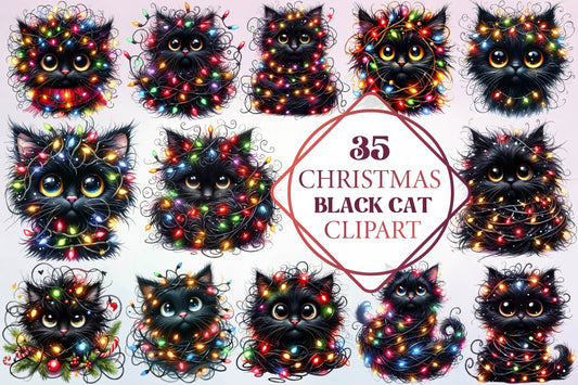 Christmas Black Cat Clipart Bundle 35 Cute Holiday Cat PNG Designs