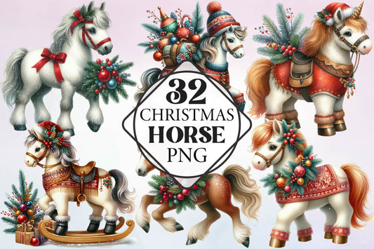 Christmas Horse Watercolor Clipart PNG Bundle