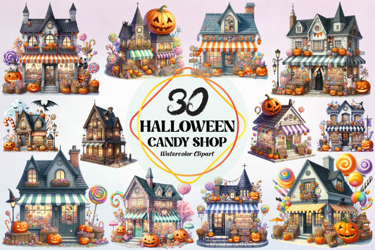 30 Halloween Candy Shop Watercolor Clipart