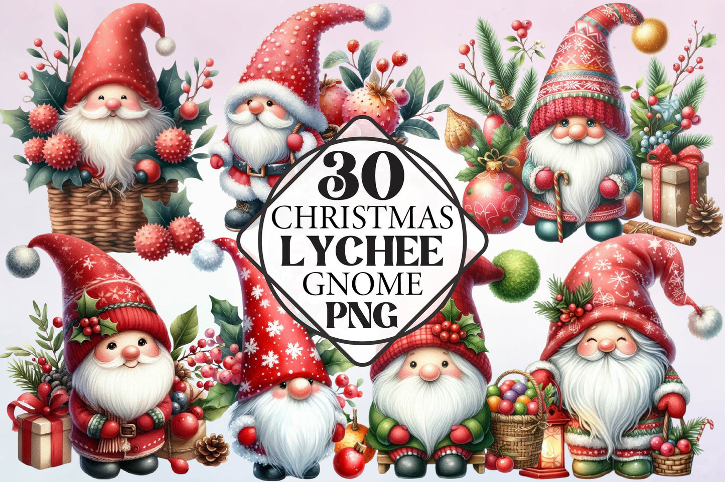 Christmas Lychee Gnome Watercolor Clipart PNG Bundle