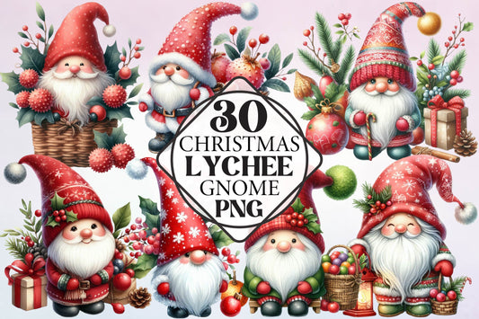 Christmas Lychee Gnome Watercolor Clipart PNG Bundle