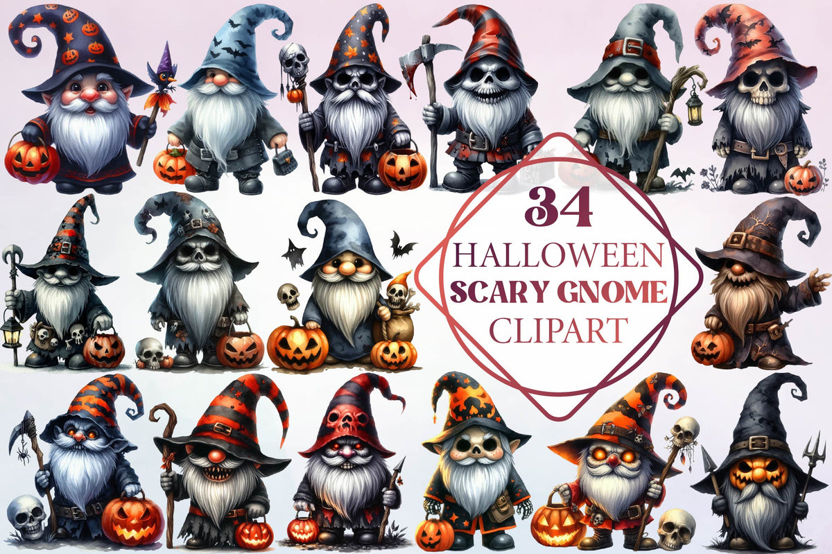 34 Halloween Scary Gnome Clipart PNG Bundle