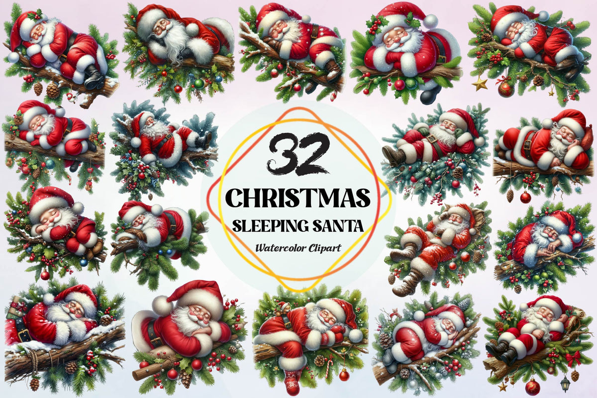 Christmas Sleeping Santa Watercolor Clipart PNG Bundle