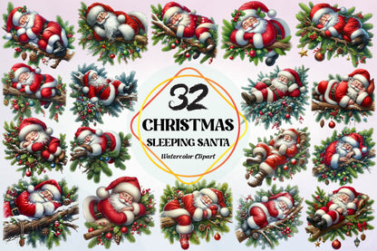Christmas Sleeping Santa Watercolor Clipart PNG Bundle