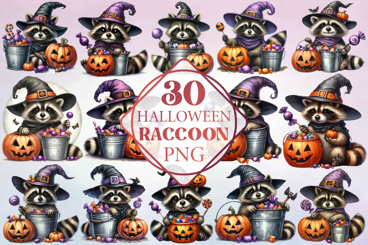 Halloween Raccoon Witch Watercolor Clipart PNG Bundle