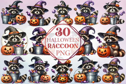 Halloween Raccoon Witch Watercolor Clipart PNG Bundle
