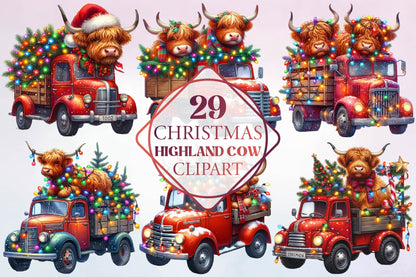 29 Christmas Highland Cow Clipart Bundle PNG, Highland Cow Christmas Truck Sublimation