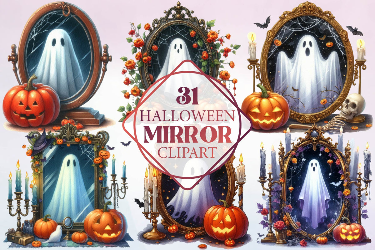 31 Halloween Mirror Ghost Clipart Bundle PNG, Spooky Ghost Mirror Pumpkin Sublimation Designs