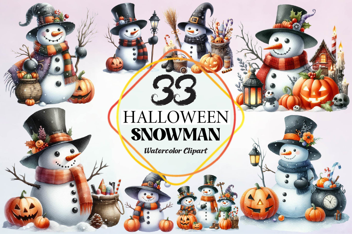 33 Halloween Snowman Watercolor Clipart PNG Bundle