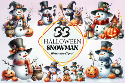 33 Halloween Snowman Watercolor Clipart PNG Bundle
