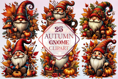 25 Autumn Gnome Clipart Bundle PNG, Fall Gnome Sublimation