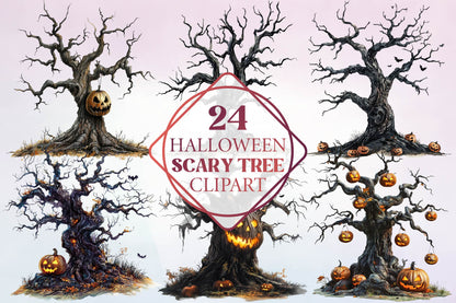 24 Halloween Scary Tree Clipart PNG Bundle