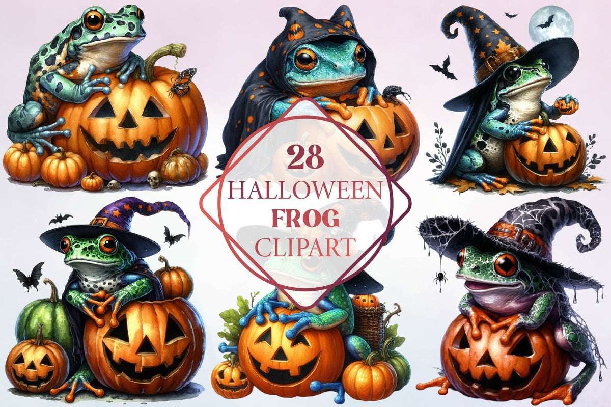 28 Halloween Frog Clipart Bundle PNG, Cute Witch Frog Pumpkin Sublimation Designs, Spooky Autumn