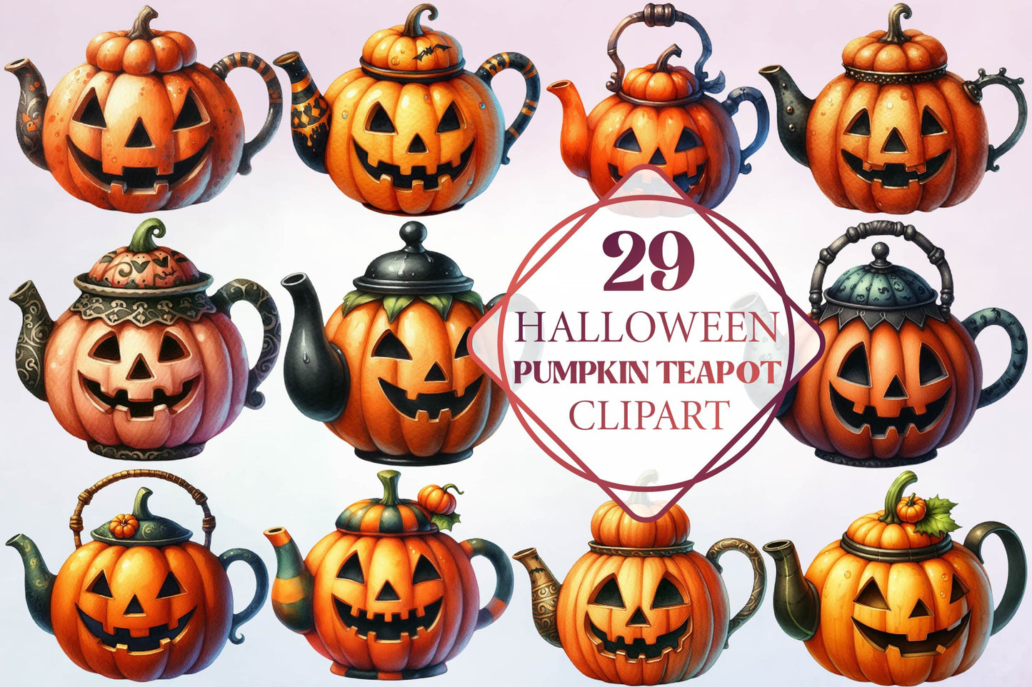 29 Halloween Pumpkin Teapot Clipart PNG Bundle