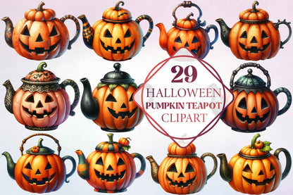 29 Halloween Pumpkin Teapot Clipart PNG Bundle