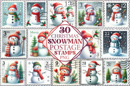 30 Christmas Snowman Postage Stamp Clipart Bundle