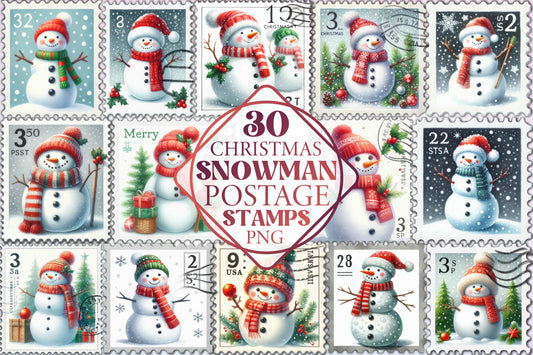 30 Christmas Snowman Postage Stamp Clipart Bundle
