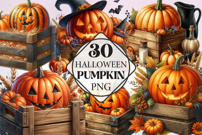 Halloween Pumpkin Watercolor Clipart PNG Bundle