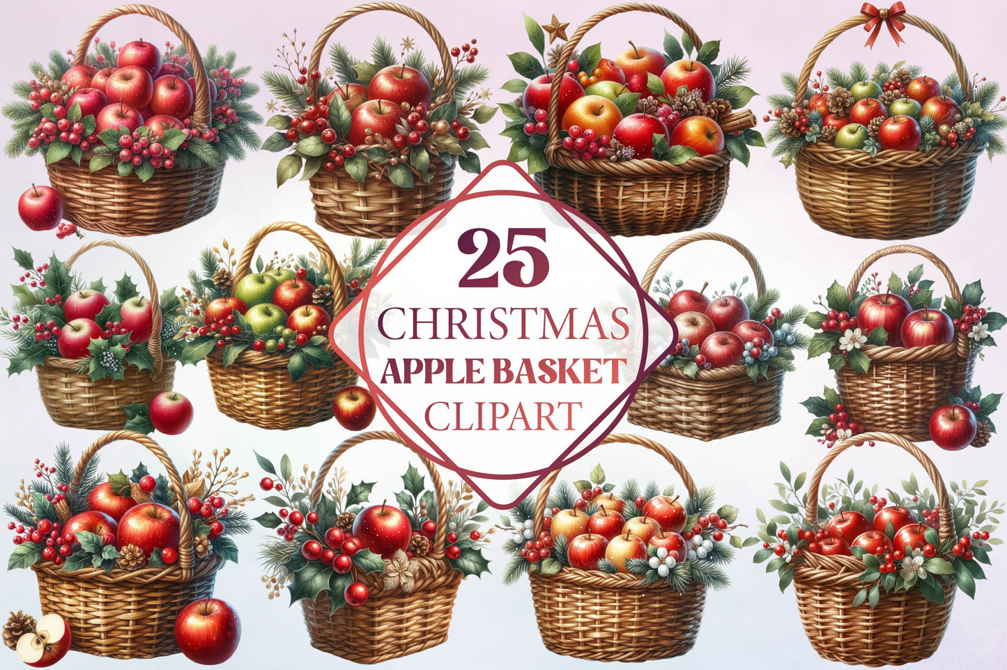 Christmas Apple Basket PNG Bundle 25 Festive Fruit Clipart Designs