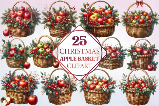 Christmas Apple Basket PNG Bundle 25 Festive Fruit Clipart Designs