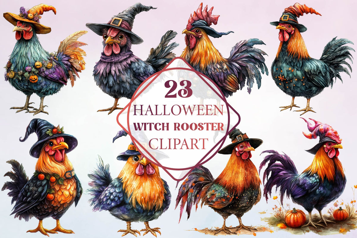 23 Halloween Witch Rooster Clipart PNG Bundle