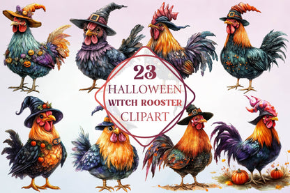 23 Halloween Witch Rooster Clipart PNG Bundle