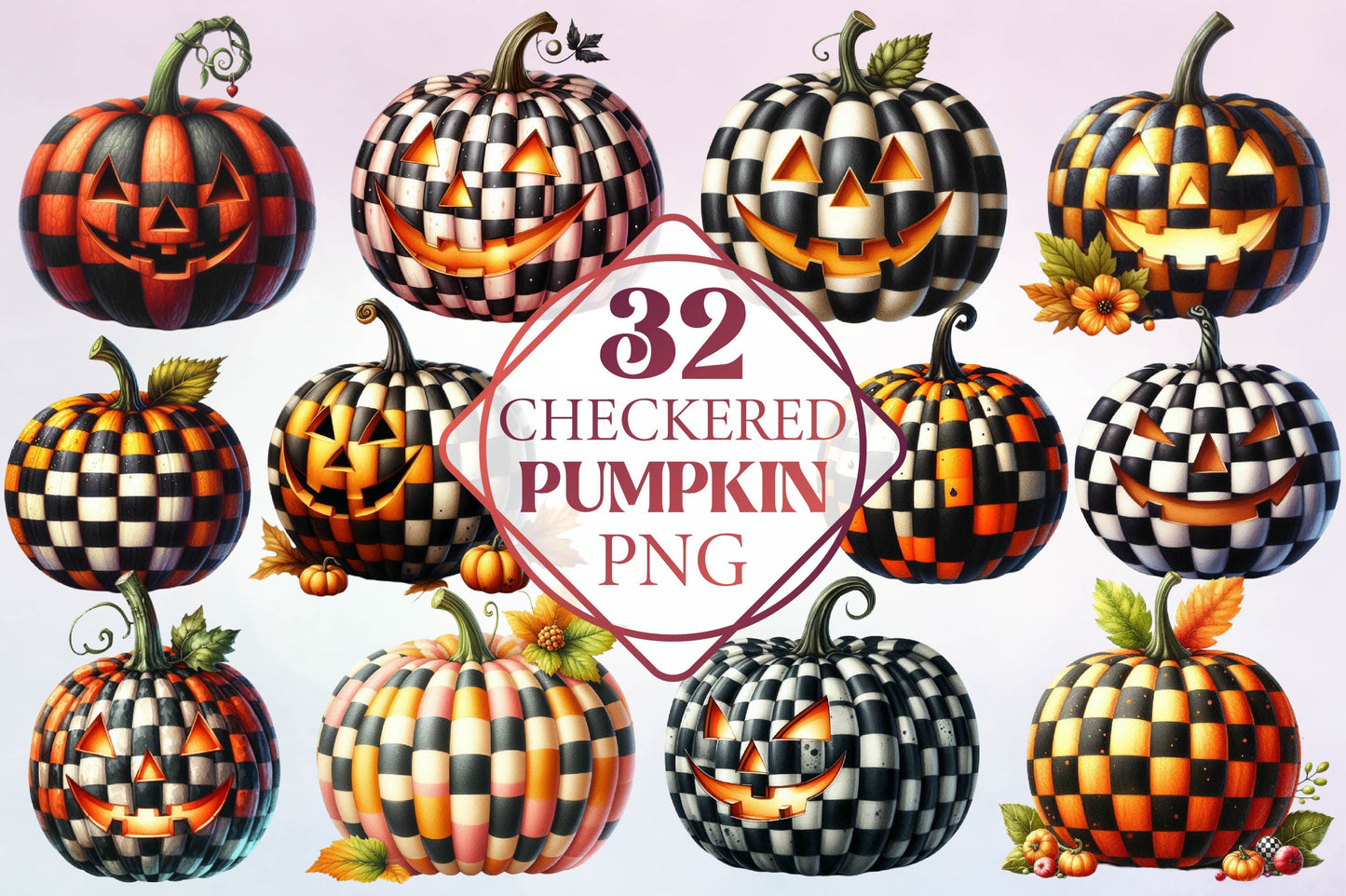 Checkered Pumpkin Halloween Watercolor PNG Bundle