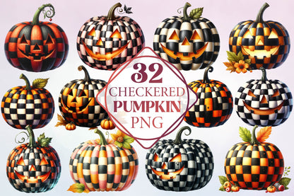 Checkered Pumpkin Halloween Watercolor PNG Bundle