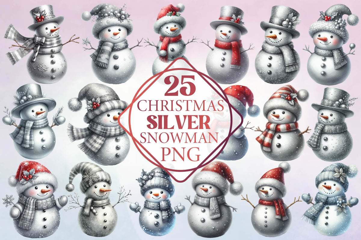 Christmas Silver Snowman Watercolor Clipart PNG Bundle