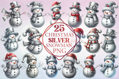 Christmas Silver Snowman Watercolor Clipart PNG Bundle