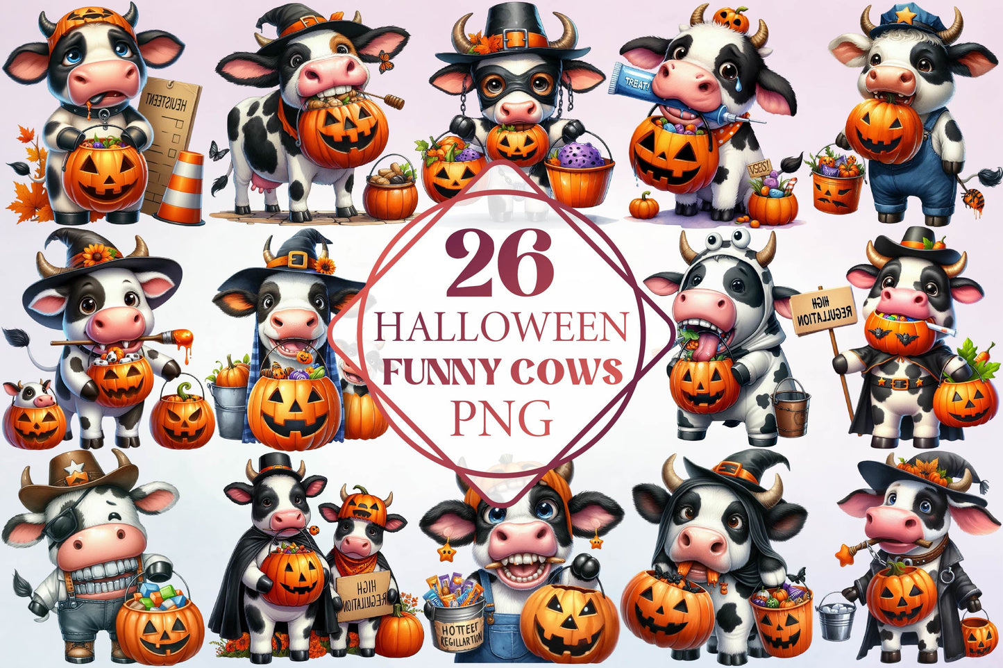 Halloween Funny Cows PNG Bundle 26 Designs
