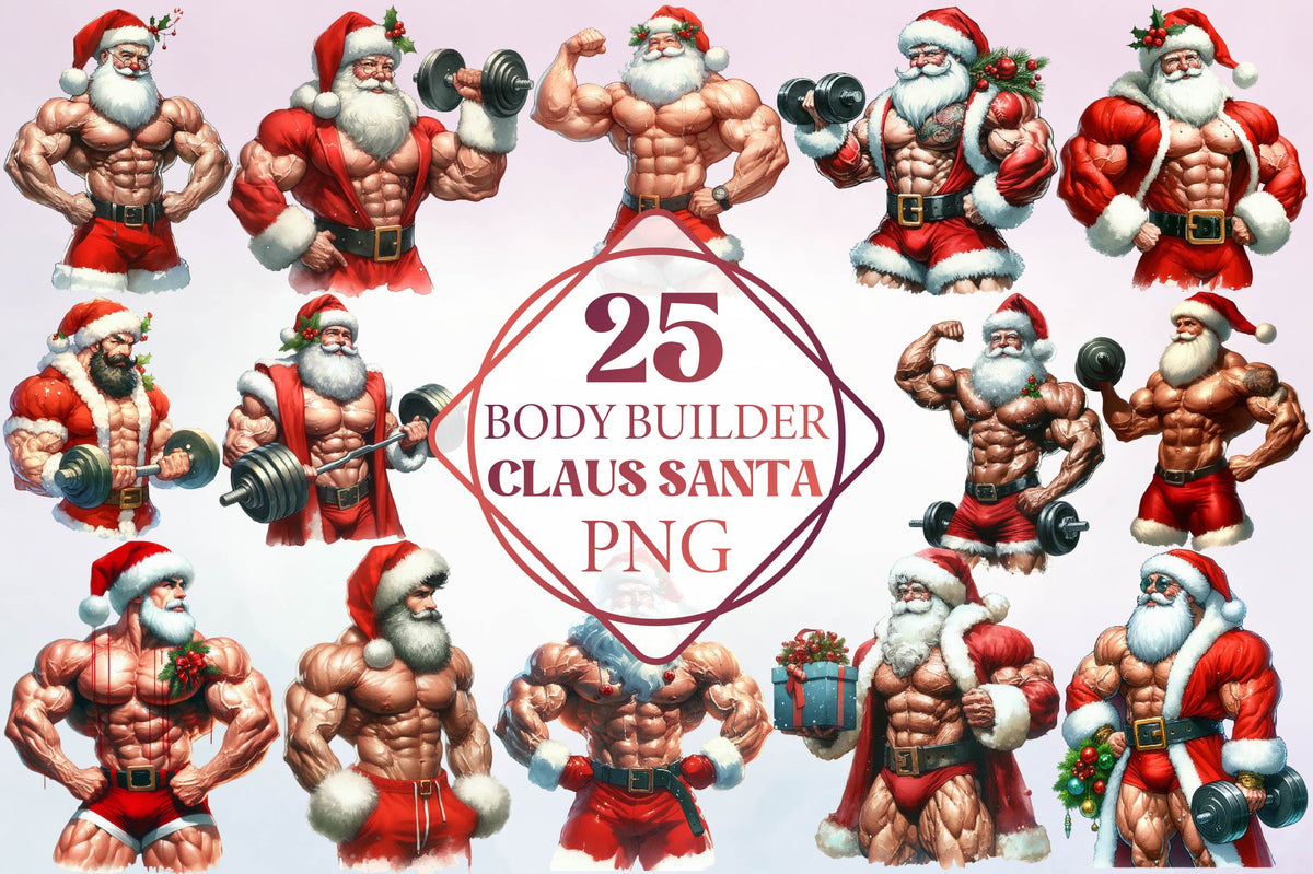 Bodybuilder Claus Santa PNG Bundle 25 Christmas Designs