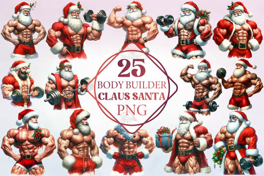 Bodybuilder Claus Santa PNG Bundle 25 Christmas Designs