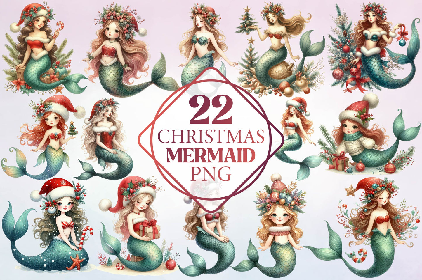 Christmas Mermaid PNG Bundle 22 Festive Mermaid Designs