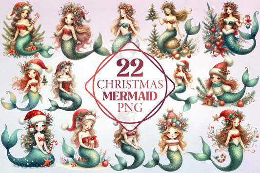 Christmas Mermaid PNG Bundle 22 Festive Mermaid Designs