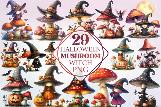 Halloween Mushroom Witch Watercolor Clipart PNG Bundle