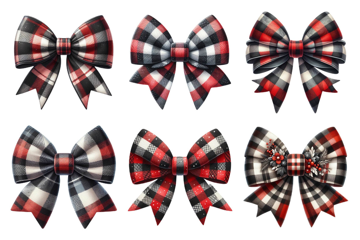 Christmas Buffalo Plaid Bow PNG Clipart Bundle