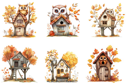 Autumn Owl House Clipart Bundle 21 Fall Owl House Designs