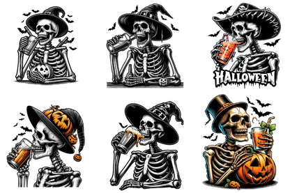 25 Halloween Drinking Skeleton Clipart Bundle PNG, Spooky Skeleton Drinking Halloween Sublimation