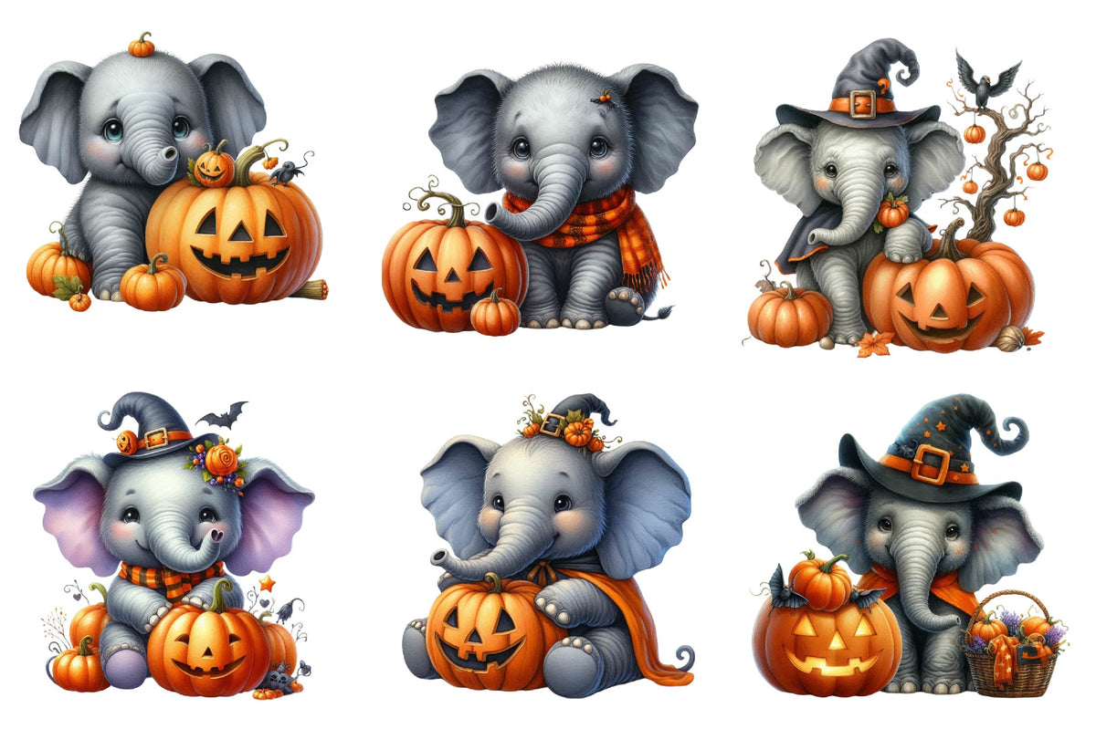 30 Halloween Elephant Clipart Bundle PNG, Cute Spooky Elephant Pumpkin Halloween Sublimation