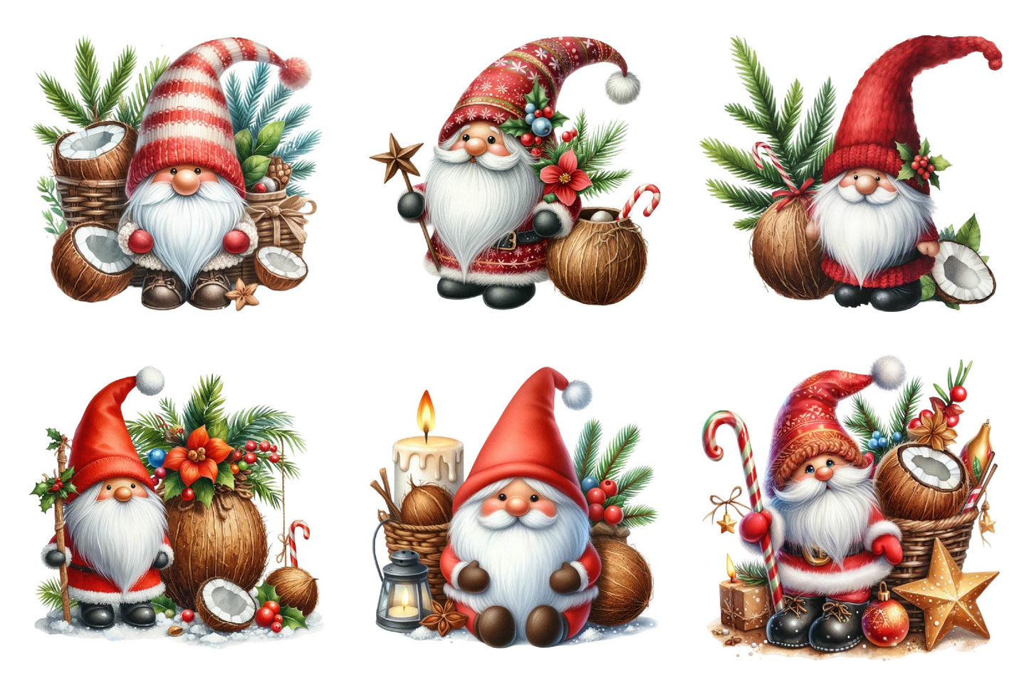 Christmas Coconut Gnome Clipart Bundle 24 Holiday Gnome PNG Designs