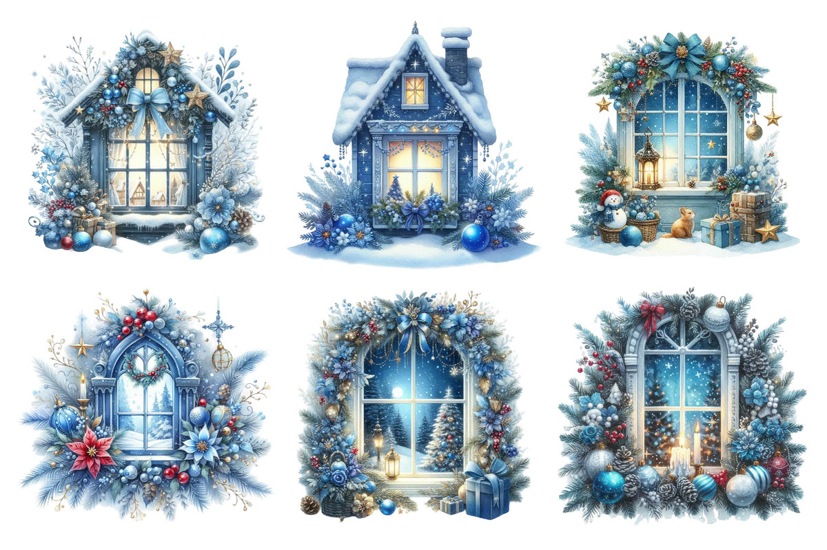Christmas Blue Window PNG Clipart Bundle