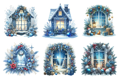 Christmas Blue Window PNG Clipart Bundle