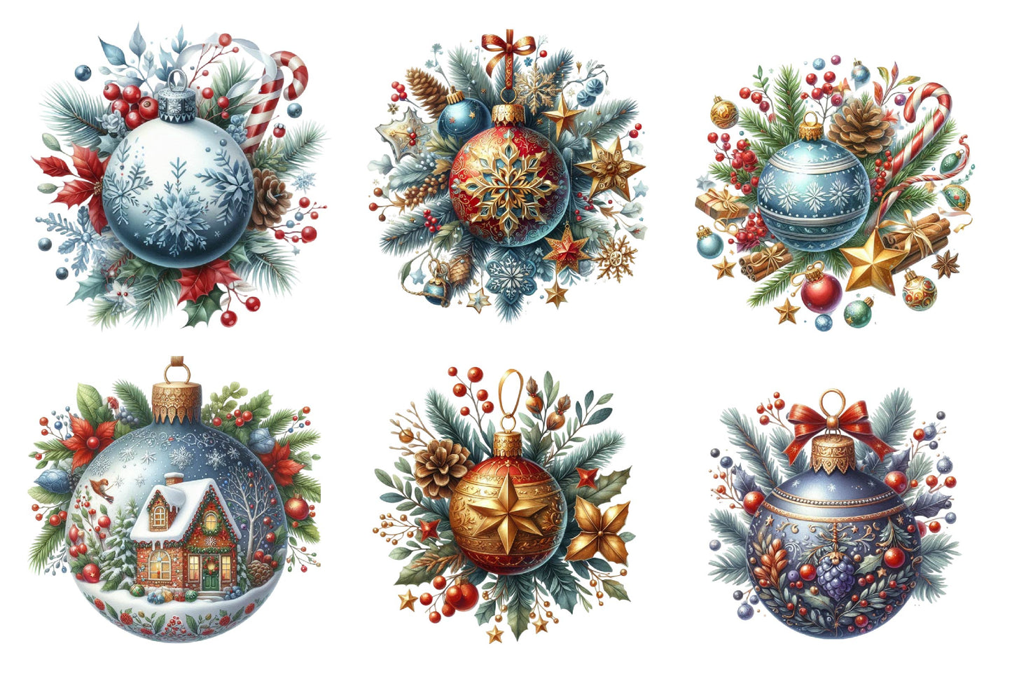Christmas Ornament Watercolor Clipart PNG Bundle